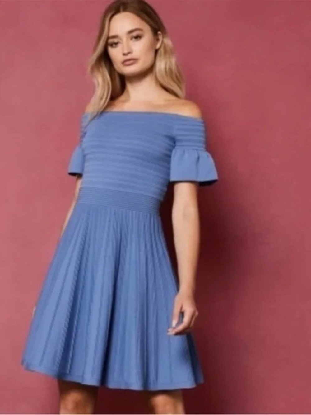 Ted Baker Criptum Bardot Frill Knitted Skater Dress Blue Ted Size 2 US Size 6
